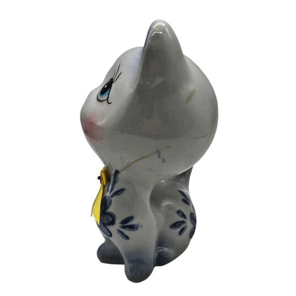 Sweet Vtg Blue Eye Cat Kitten White Figurine Anthropomorphic Mid Century Ceramic - Picture 4 of 7
